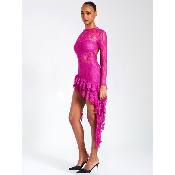 Maira Fuchsia Lace Long Sleeve Ruffle Dress - Picture 11 of 15